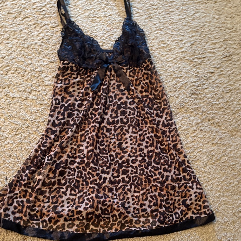 Leopard Print Lace Trim Slip lingerie nightgown